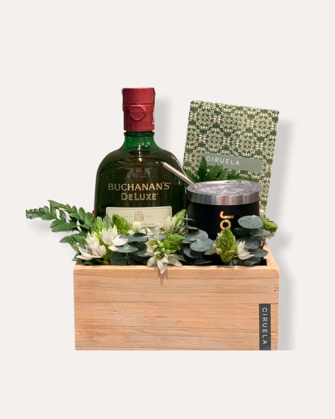 Wooden Box con Whisky, Vaso Térmico & Flores | Regalo para Hombre