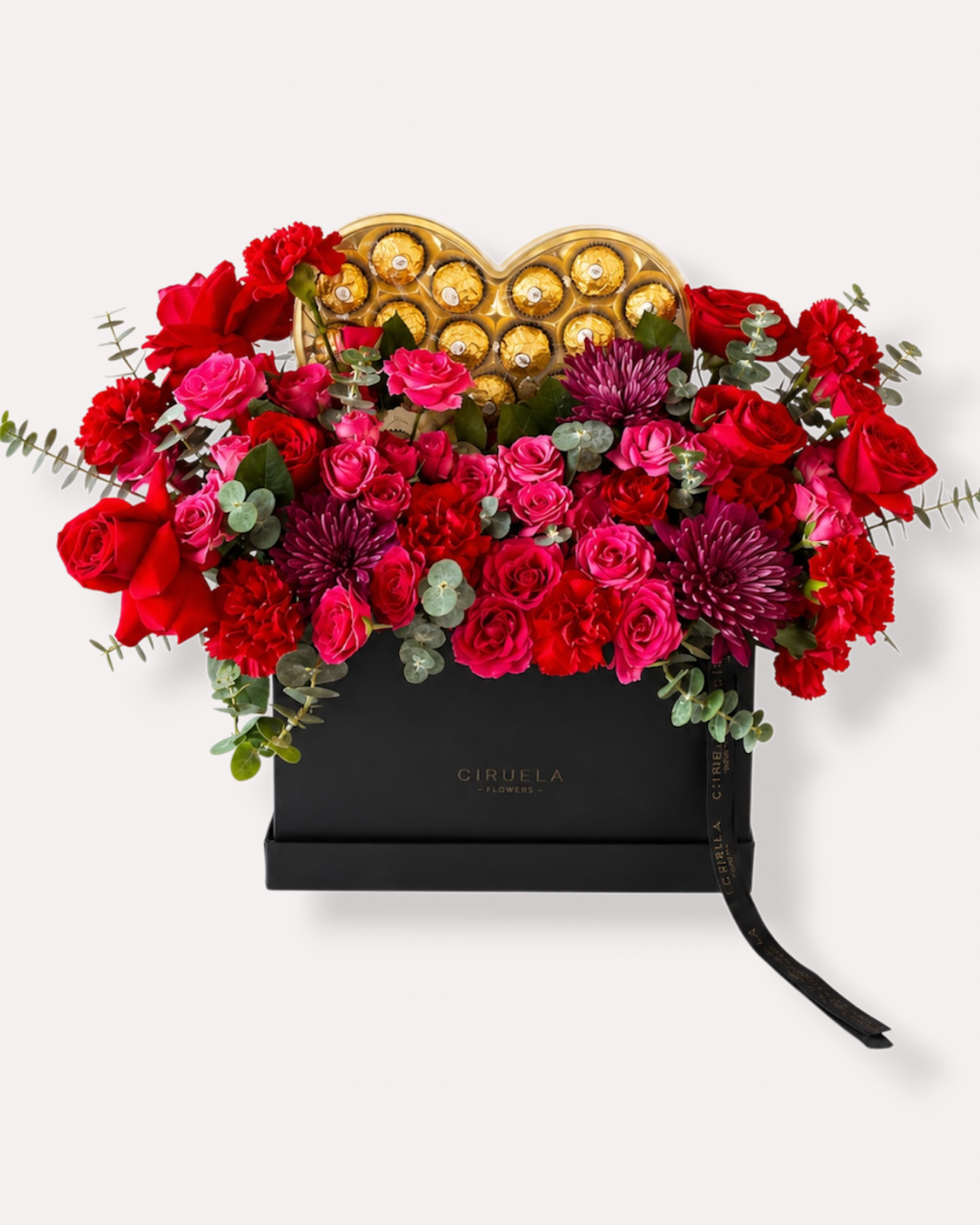 BOX FLOWER/Arreglo Floral con Rosas Rojas y Chocolates Ferrero