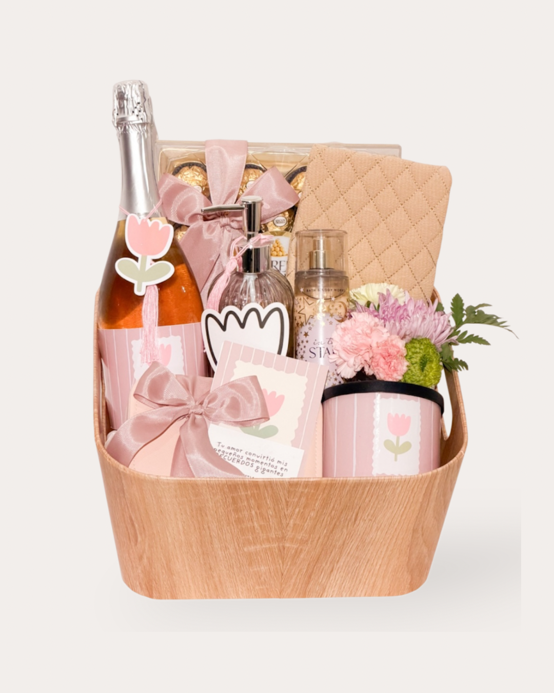 GIFT BASKET chocolates Ferrero Rocher, espumante, vela, joyero , flores y más